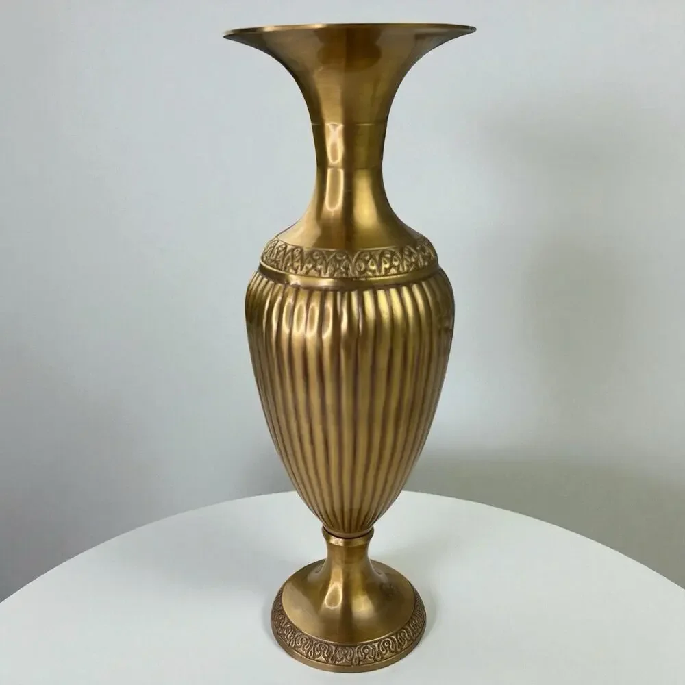 Vintage 1960s Solid Brass Urn Vase Hand Chased Moradabad India 12” Regency Heavy - Picture 1 of 8